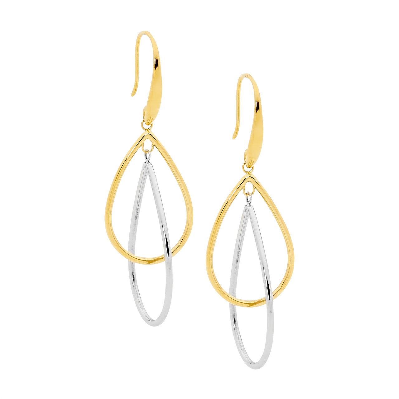 Stainless Steel Double Open Tear Drop Earrings With Gold Plating.