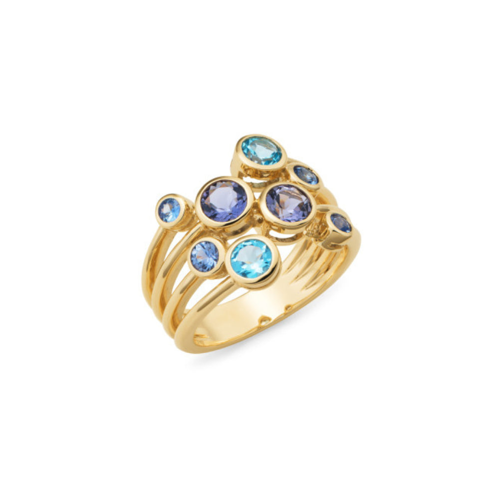 9ct Yellow Gold Iolite - Ceylonese Sapphire - Blue Topaz Ring