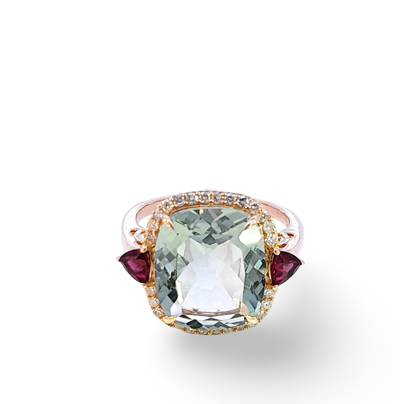 9ct Yellow Gold Mint Quartz Ring with Rhodolite Garnets and 0.28ct Diamonds