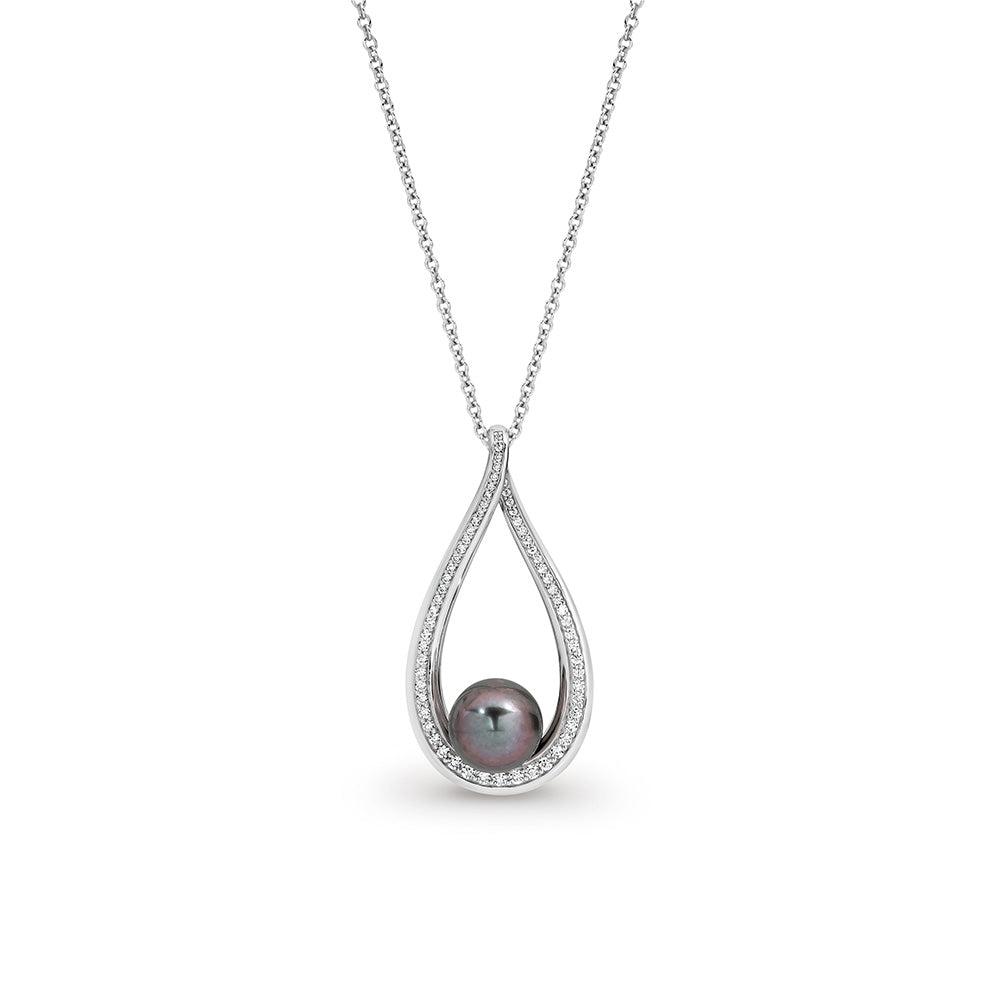 1010 - Sterling Silver Oval Cubic Zirconia Pendant With 10-11mm Tahitiian Round Pearl With Chain 45Cm