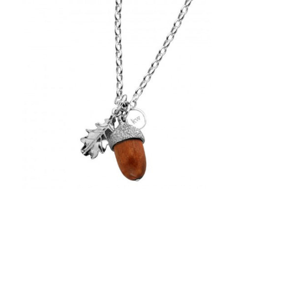 Sterling Silver & Wood Acorn + Leaf Necklace