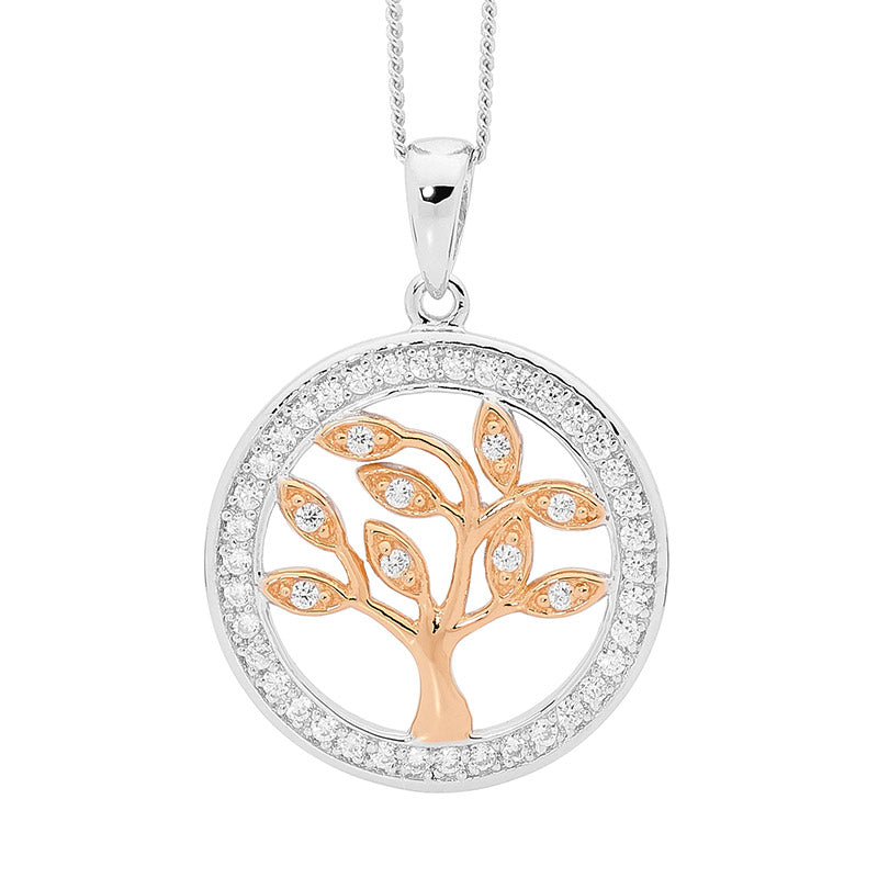 ELLANI STERLING SILVER & ROSE GOLD PLATED TREE OF LIFE WITH CUBIC ZIRCONIAS