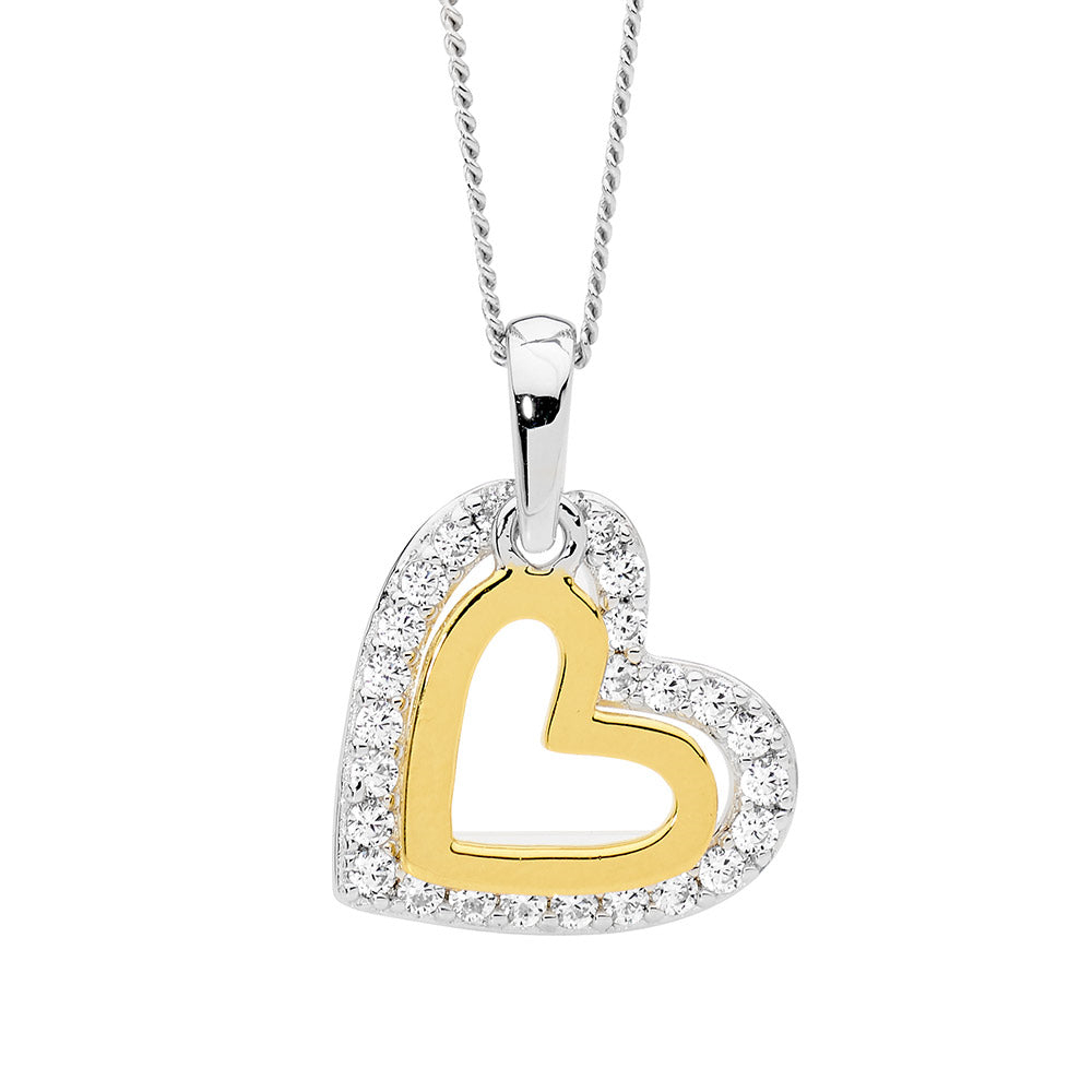 Sterling Silver & Yellow Gold Plated Double Heart Pendant with Cubic Zirconia's