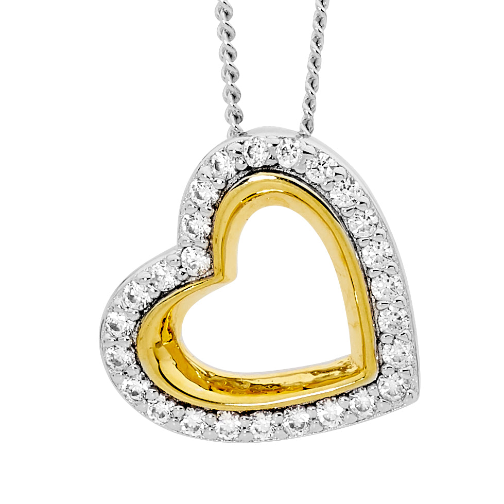 Sterling Silver Wh Cubic Zirconia Open Heart On Angle With Gold Plating Necklace