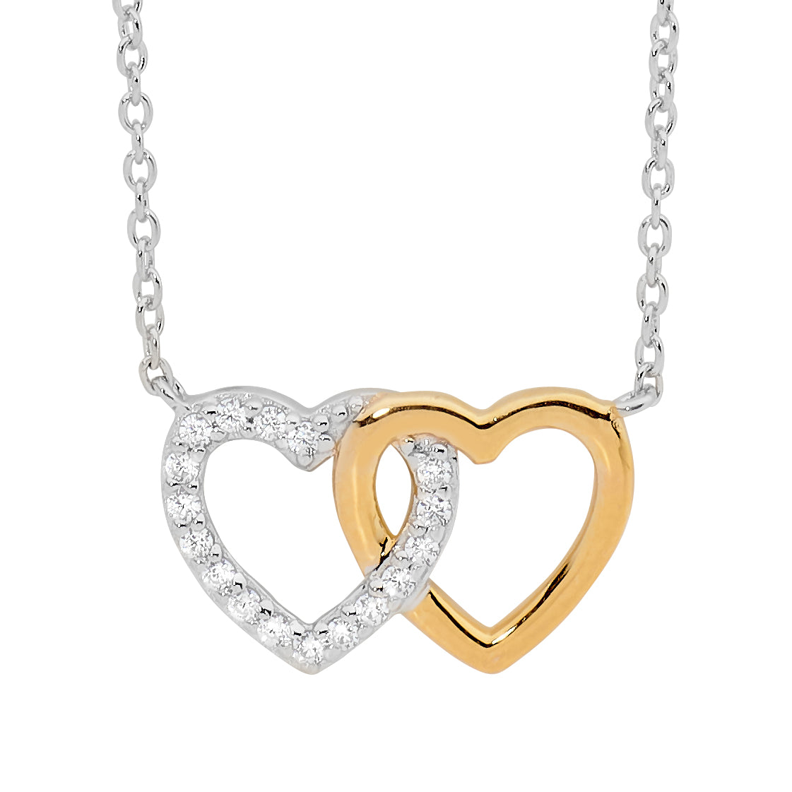 Sterling Silver & Rose Gold Plated Double Heart Necklace with Cubic Zirconia's