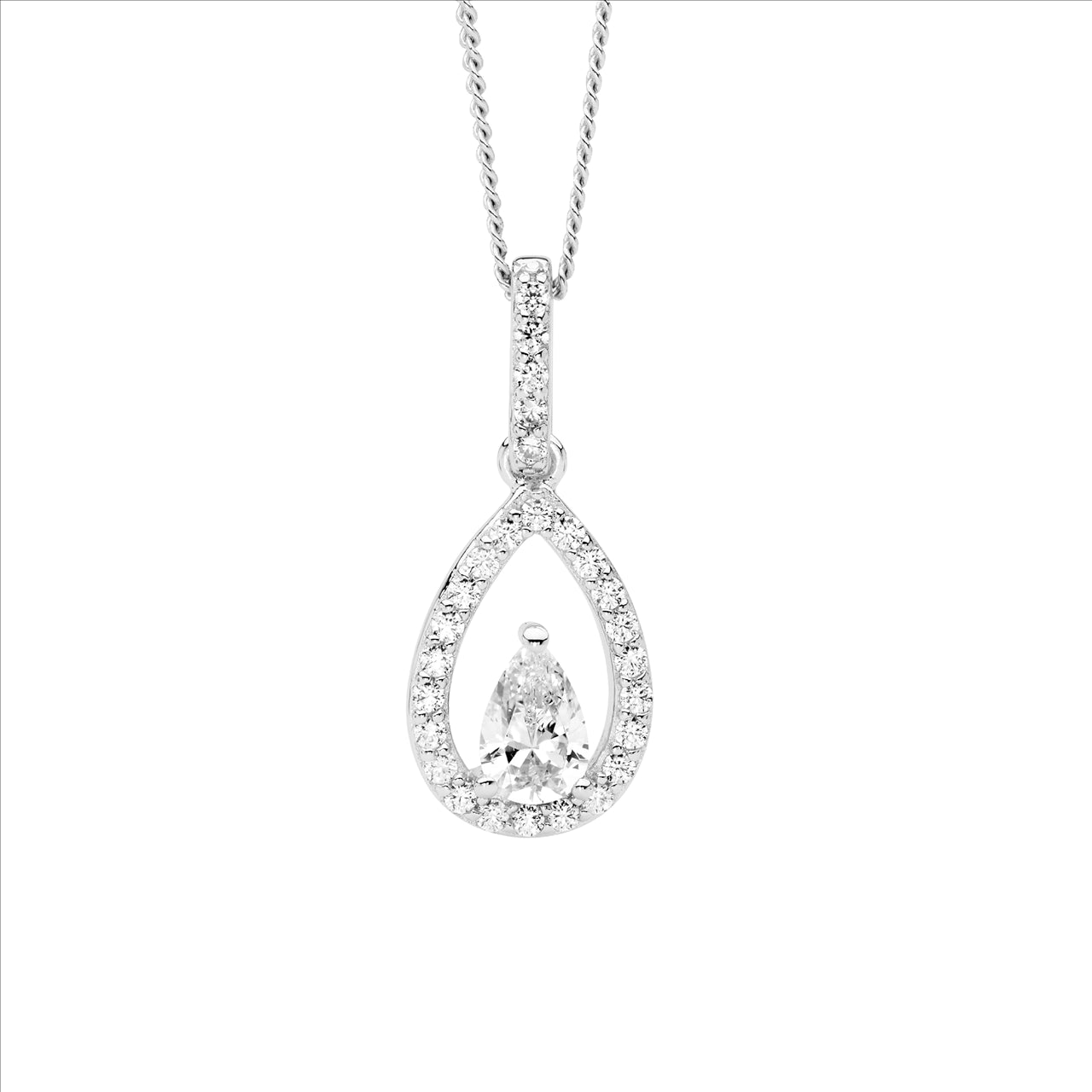 Sterling Silver Cubic Zirconia Open Pear Drop Necklace