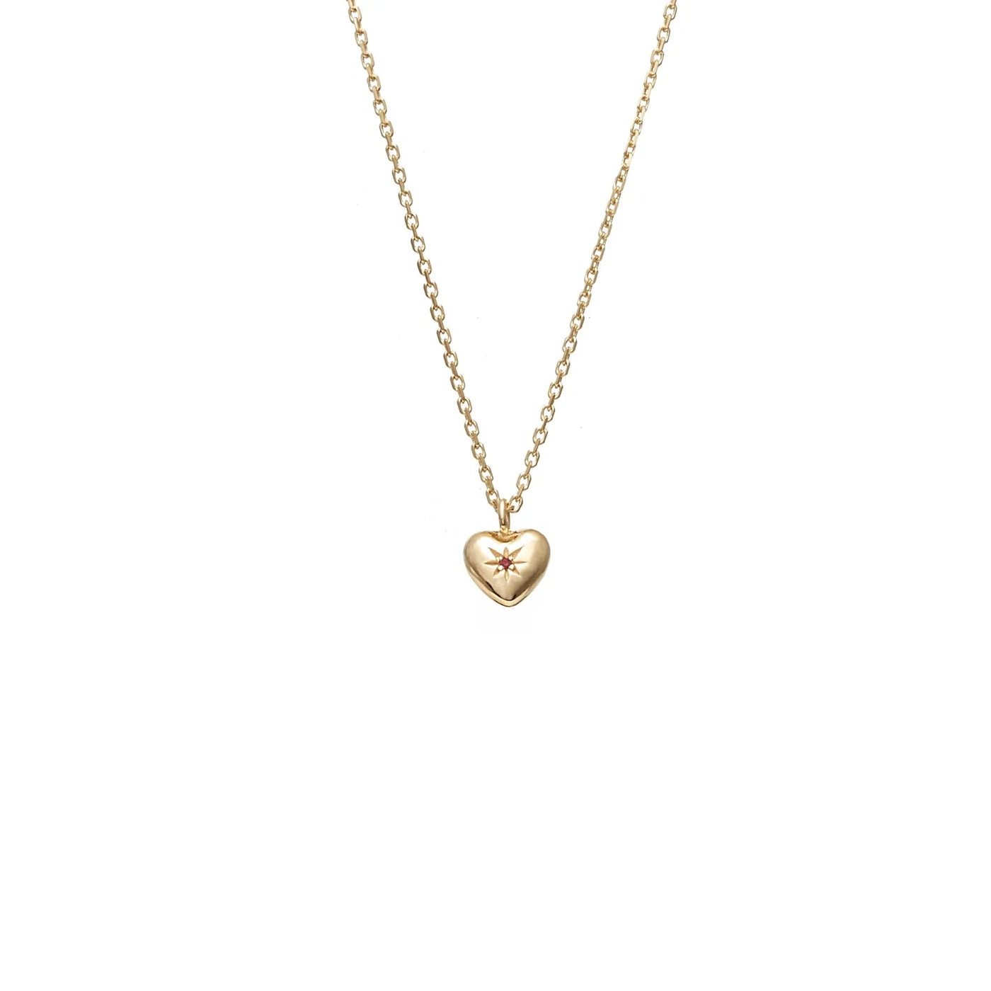 Petite Puffed Heart Necklace with Ruby - Gold Plated