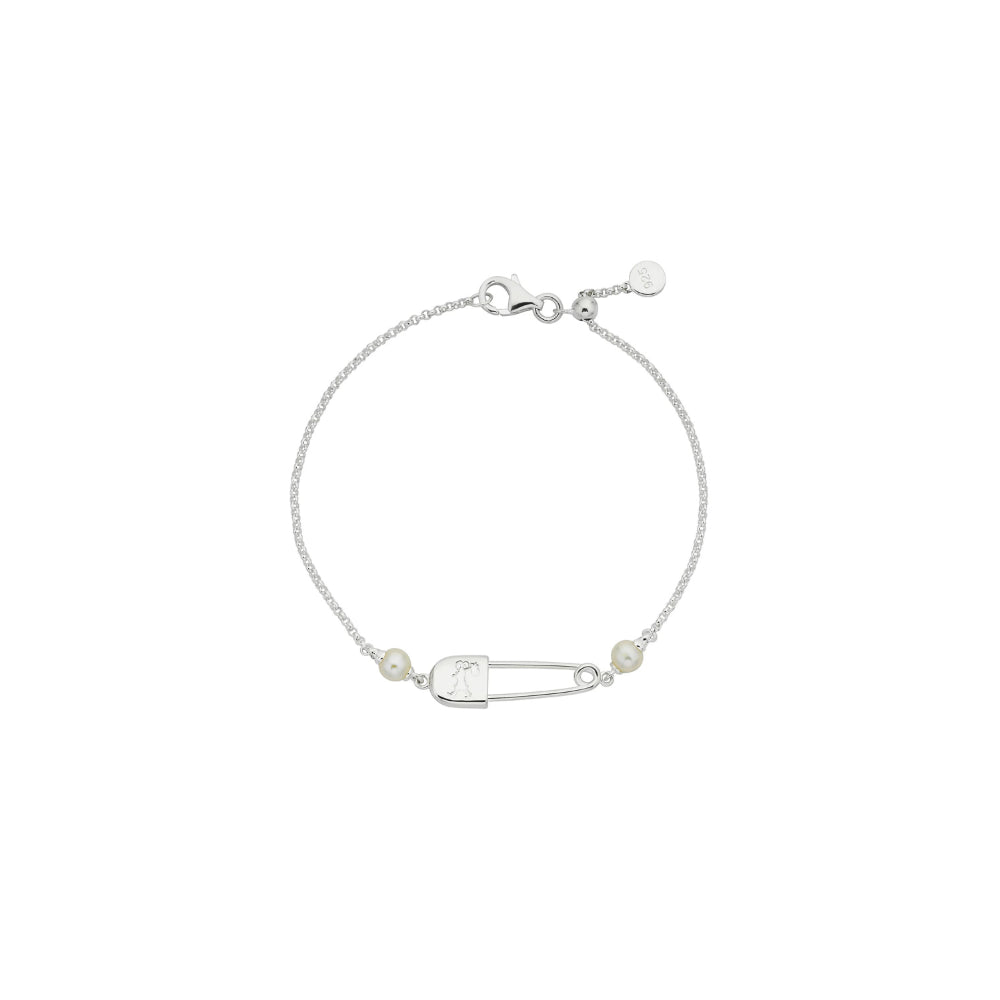 Runaway Safety Pin Bracelet with 2 x 4mm Freshwater Pearls Silver