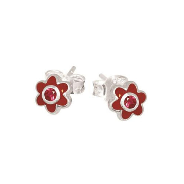 Sterling Silver & Red Cubic Zirconia Flower Stud