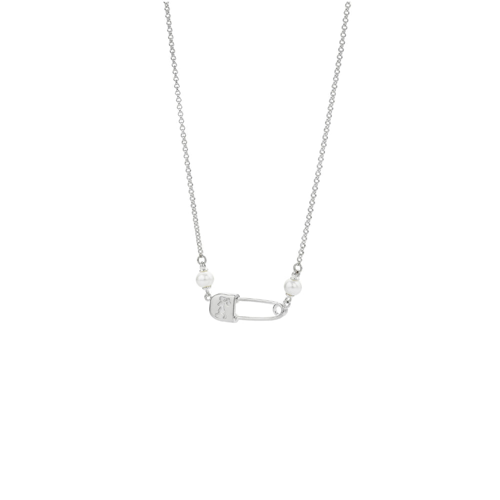 Runaway Safety Pin Necklace with 2 x 4mm Freshwater Pearls Silver