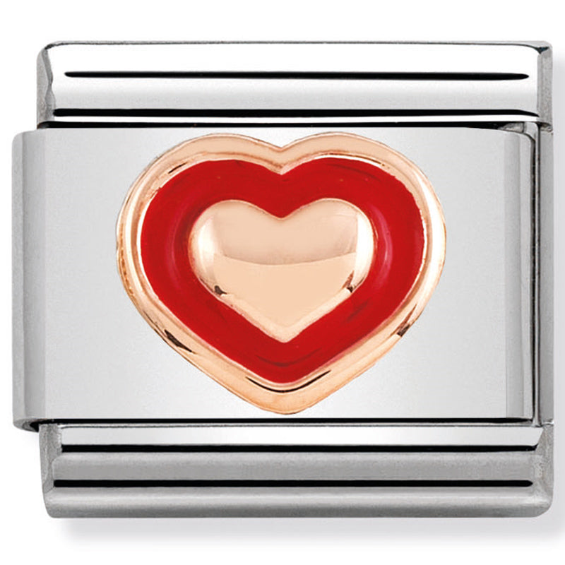 Composable Classic Link Heart with Red Border in Enamel & 9ct Rose Gold