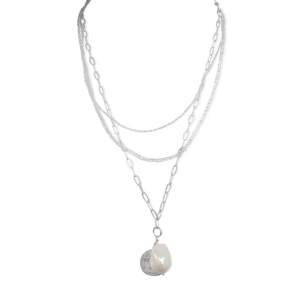 Silver Plated Steel Me Multi Chain Coin Pearl Necklace