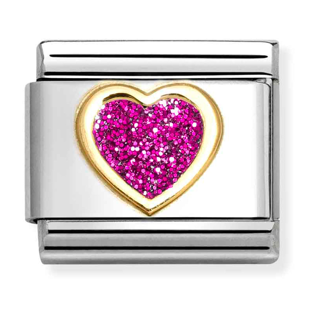 Composable Classic Link Fuchsia Glitter Heart in 18ct Yellow Gold