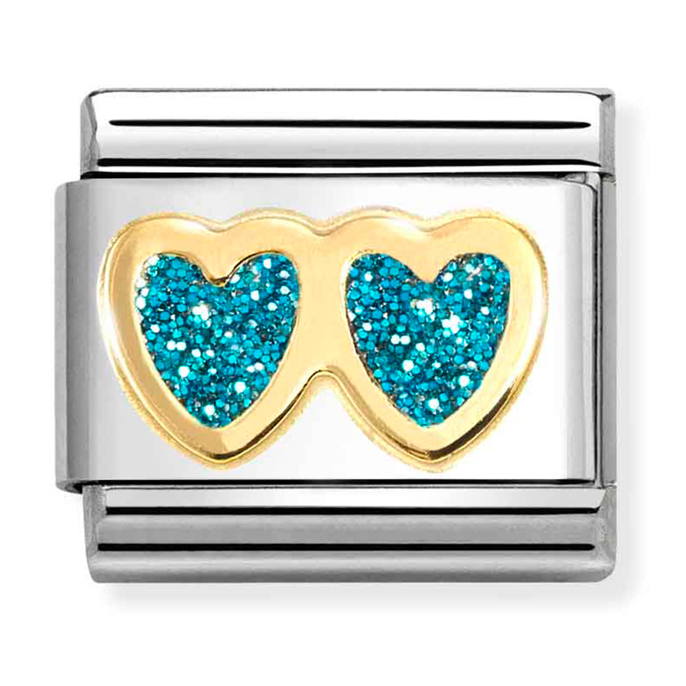 Composable Classic Link Turquoise Glitter Double Heart in 18ct Yellow Gold