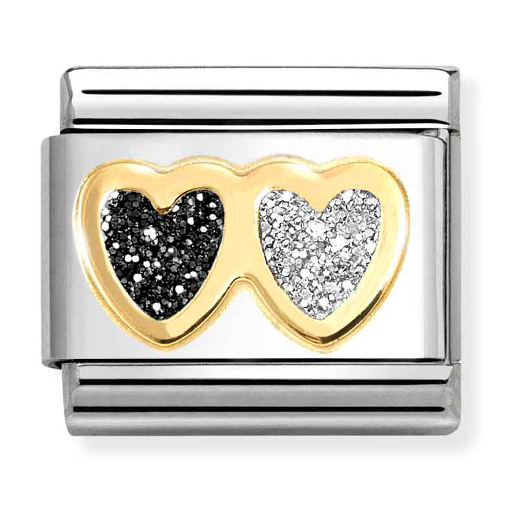 Composable Classic Link Black & Silver Glitter Double Heart in 18ct Yellow Gold