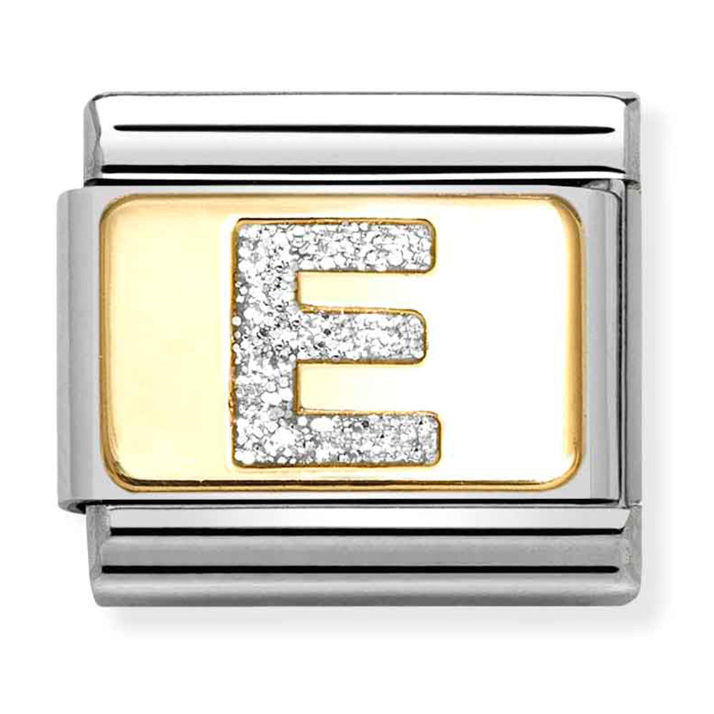 Composable Classic Link Silver Glitter Letter E in 18ct Yellow Gold