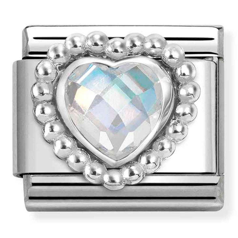 Composable Classic Link White Heart CZ with Dots Beading on Silver