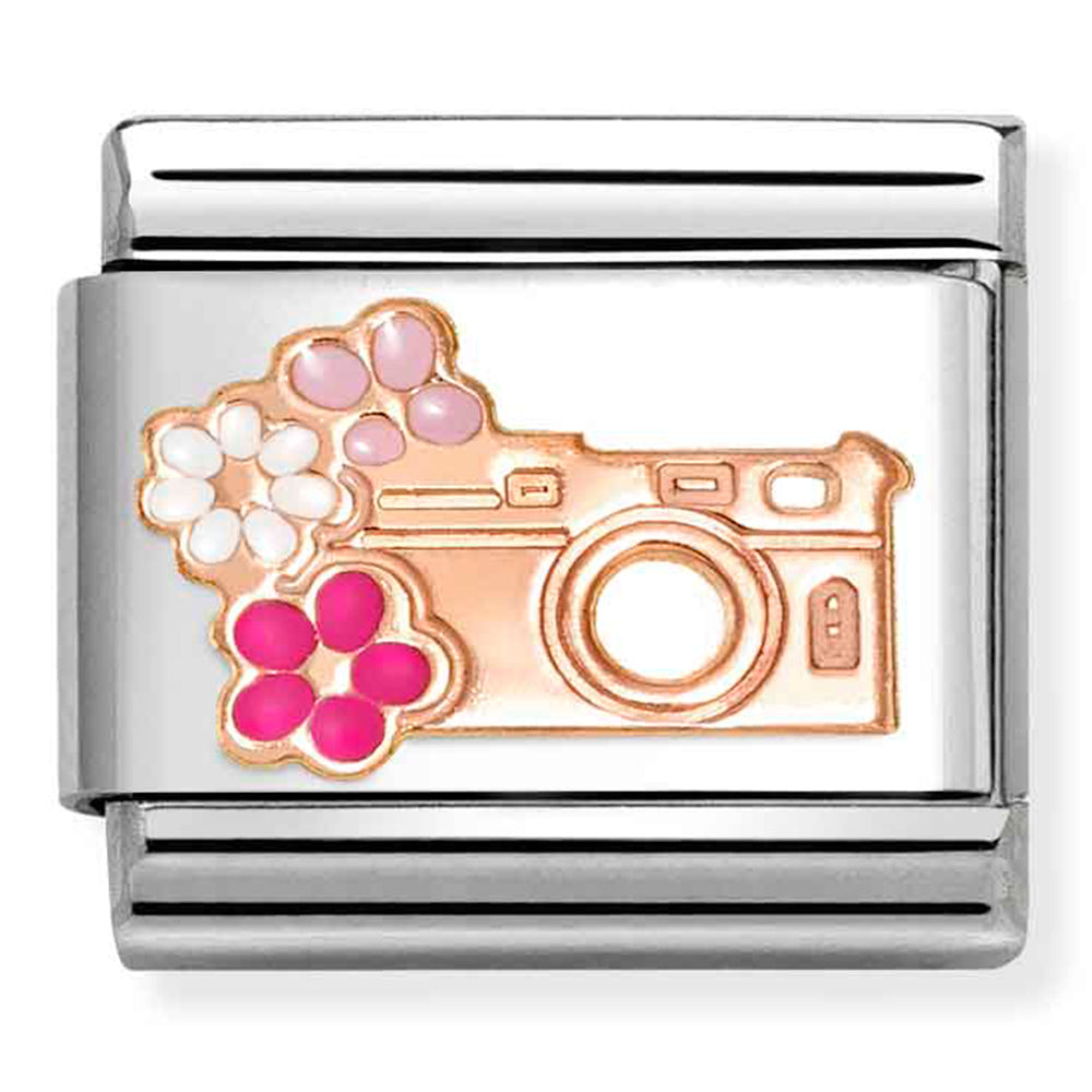 Composable Classic Link Camera with Flowers in Enamel on 9ct Rose Gold