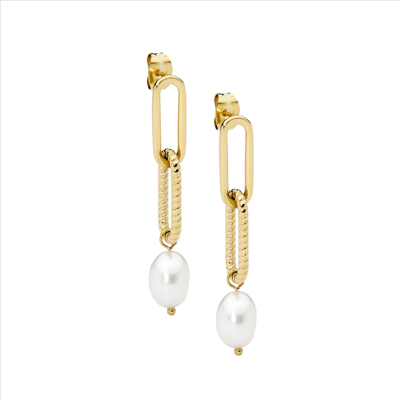 Stainless Steeel Gold Plated Paperclip Pearl Earring