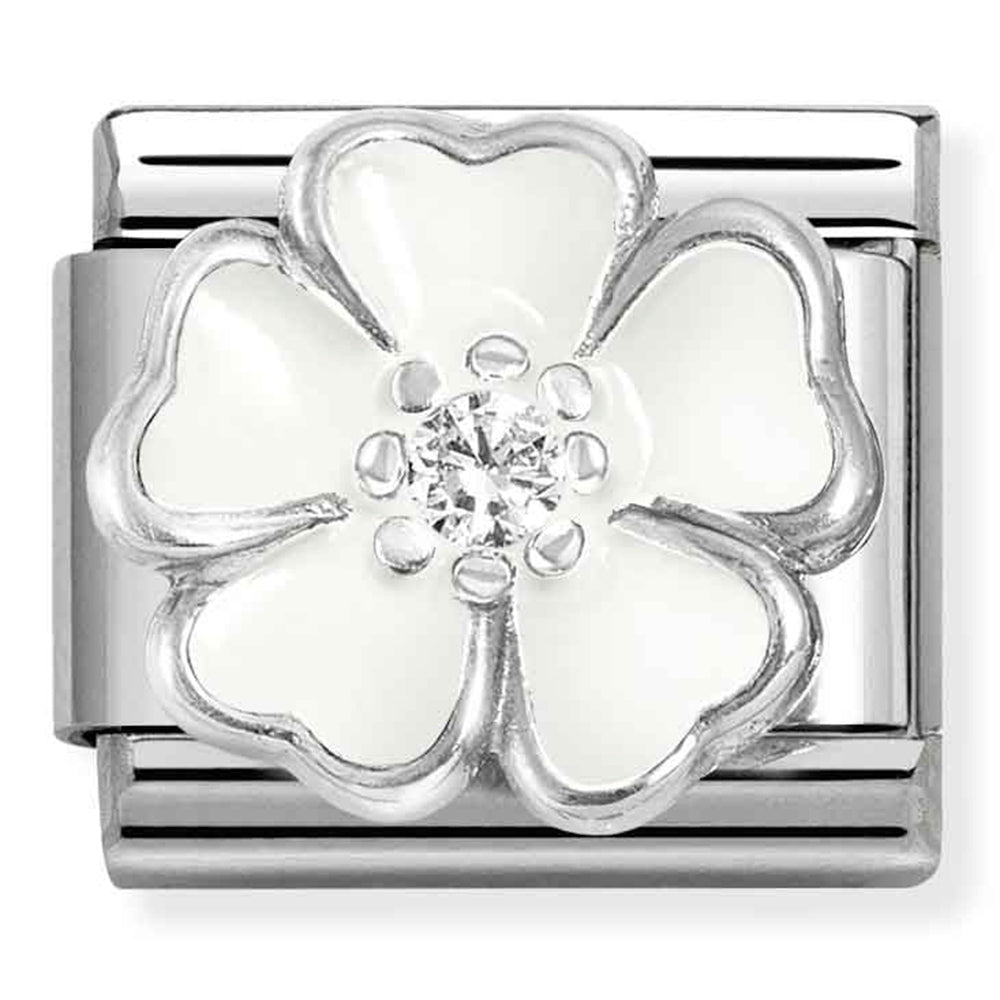 Composable Classic Link White Flower Enamel in Silver & CZ