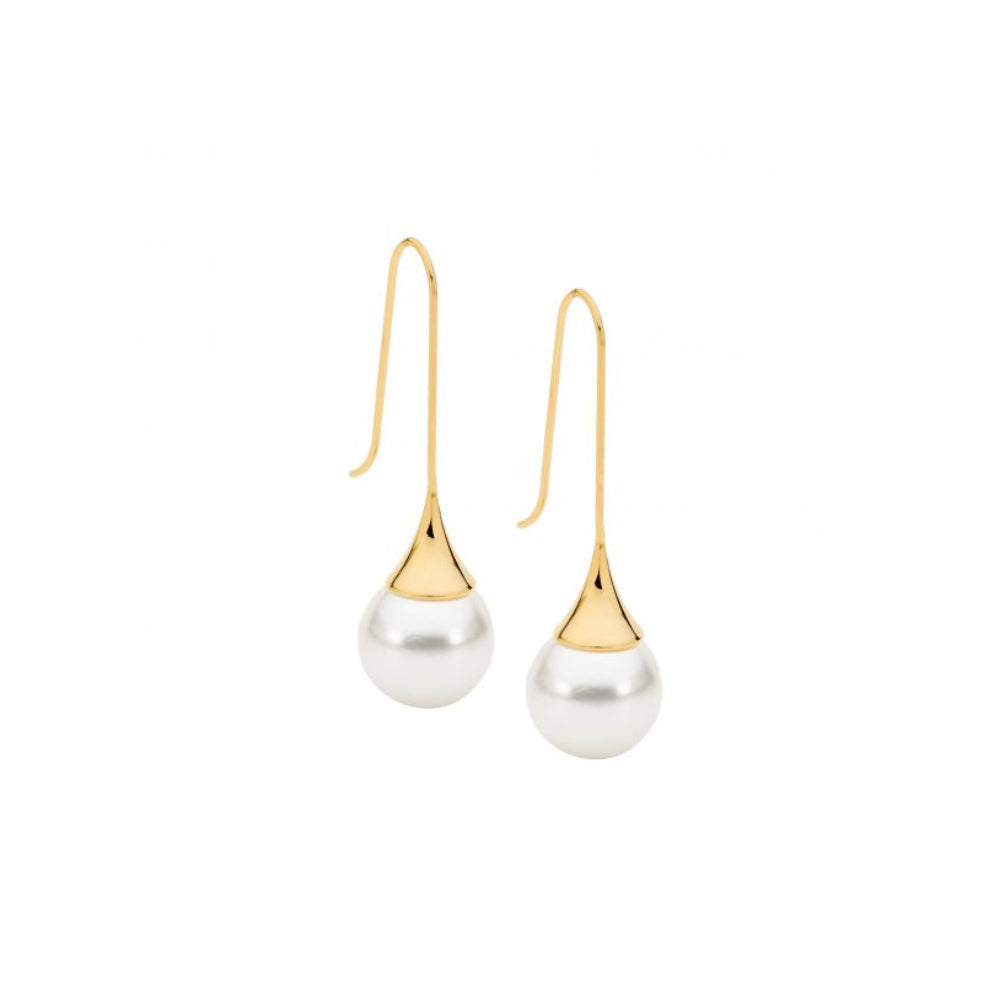 Stainless Steel Yellow Gold Plated Long Drop Earring with Shell Pearl