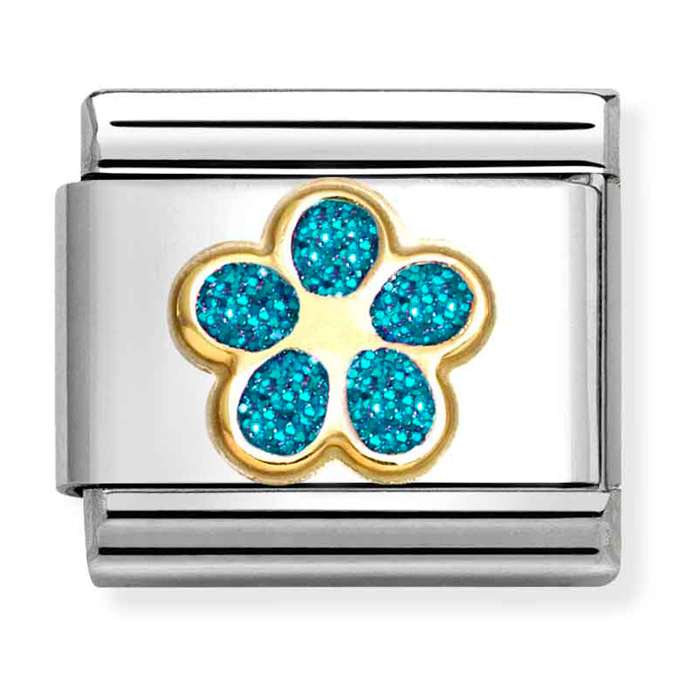 Composable Classic Link Glitter Turquoise Flower in 18ct Gold