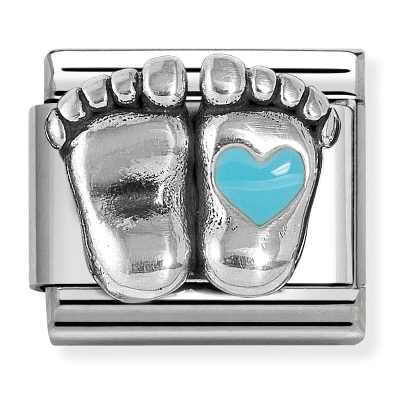 Composable Classic Link Baby Feet with Light Blue Heart in Silver