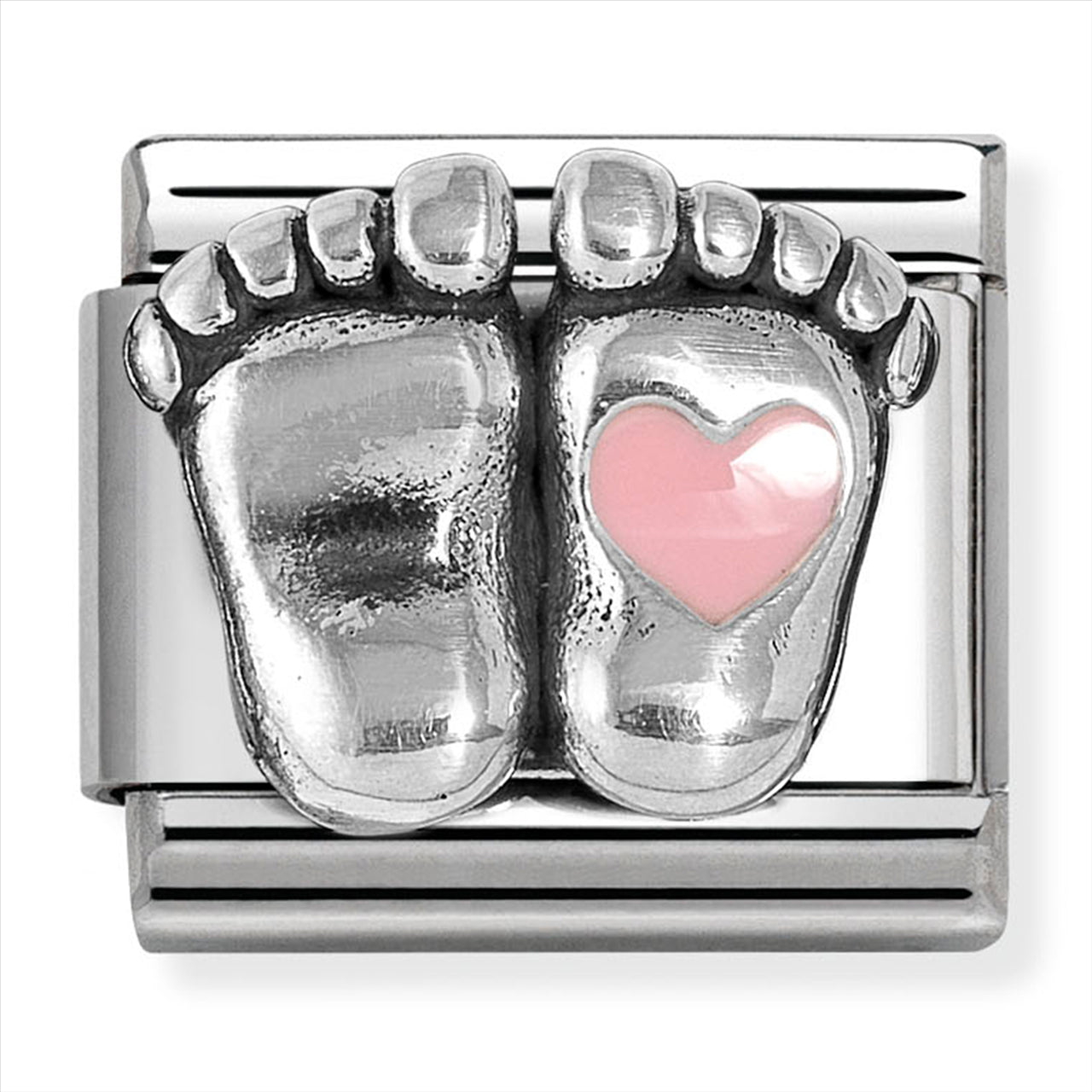 Composable Classic Link Baby Feet with Pink Heart in Silver